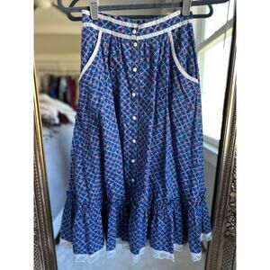 VTG 70s Gunne Sax Cotton Calico Rose Blue Floral Tiered Ruffle Midi Skirt XXS